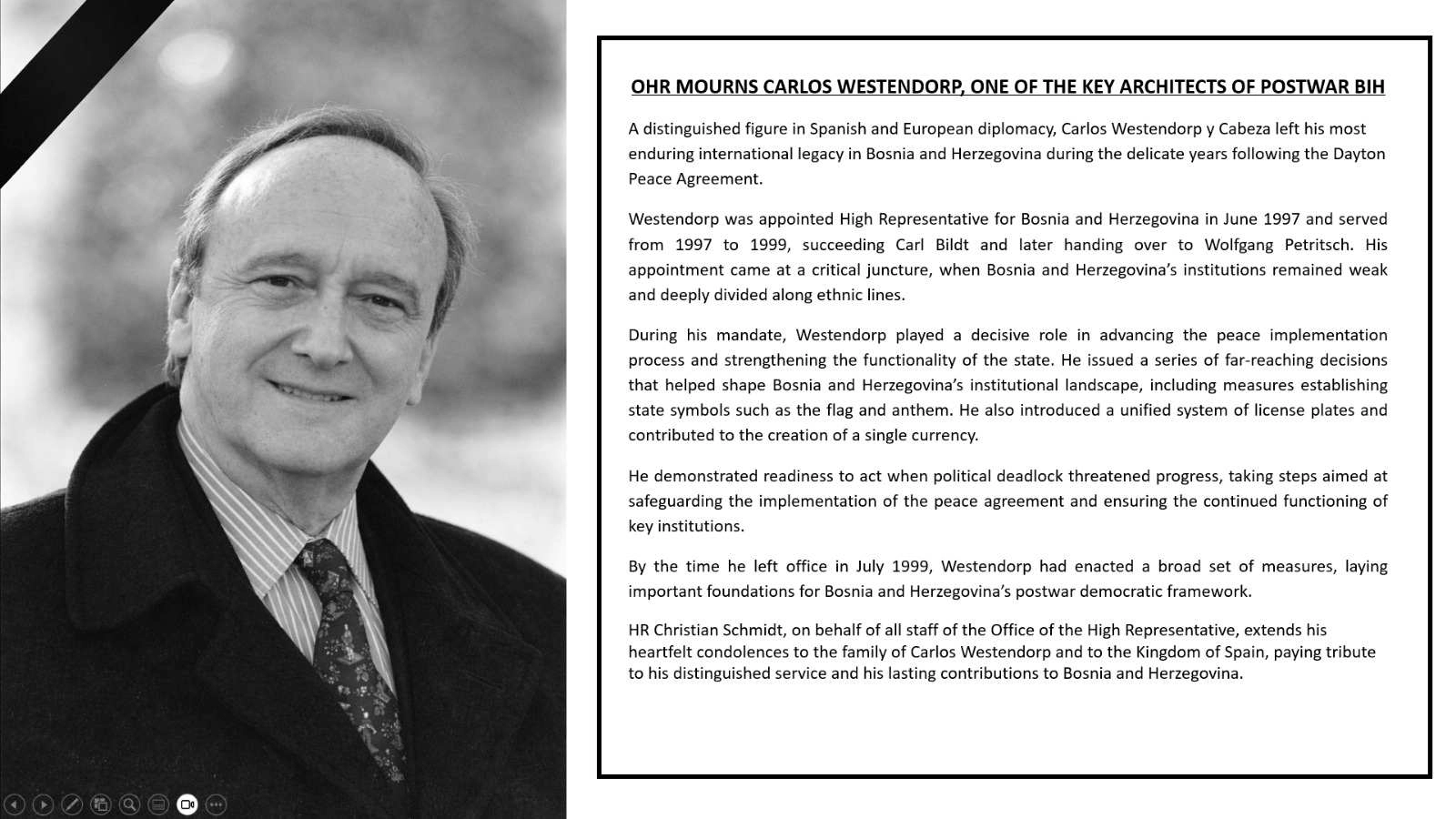 OHR Mourns Carlos Westendorp, One of the Key Architects of Postwar BiH